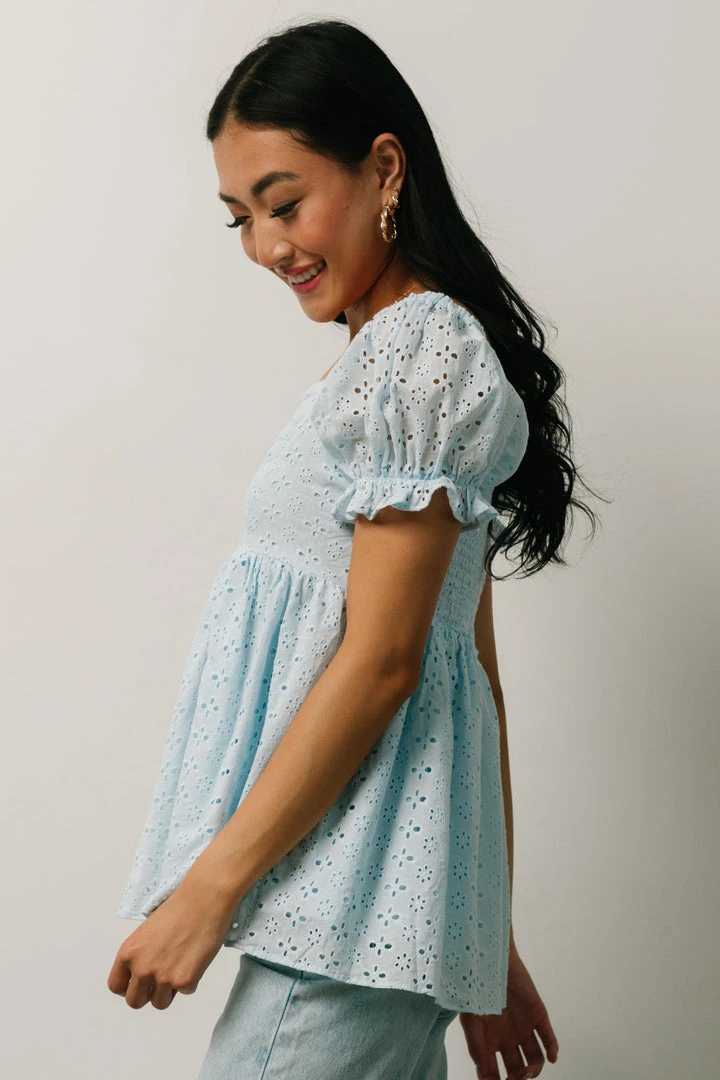 IL Tops Lauren Eyelet Babydoll Top | Powder Blue 7 IL Tops Lauren Eyelet Babydoll Top | Powder Blue