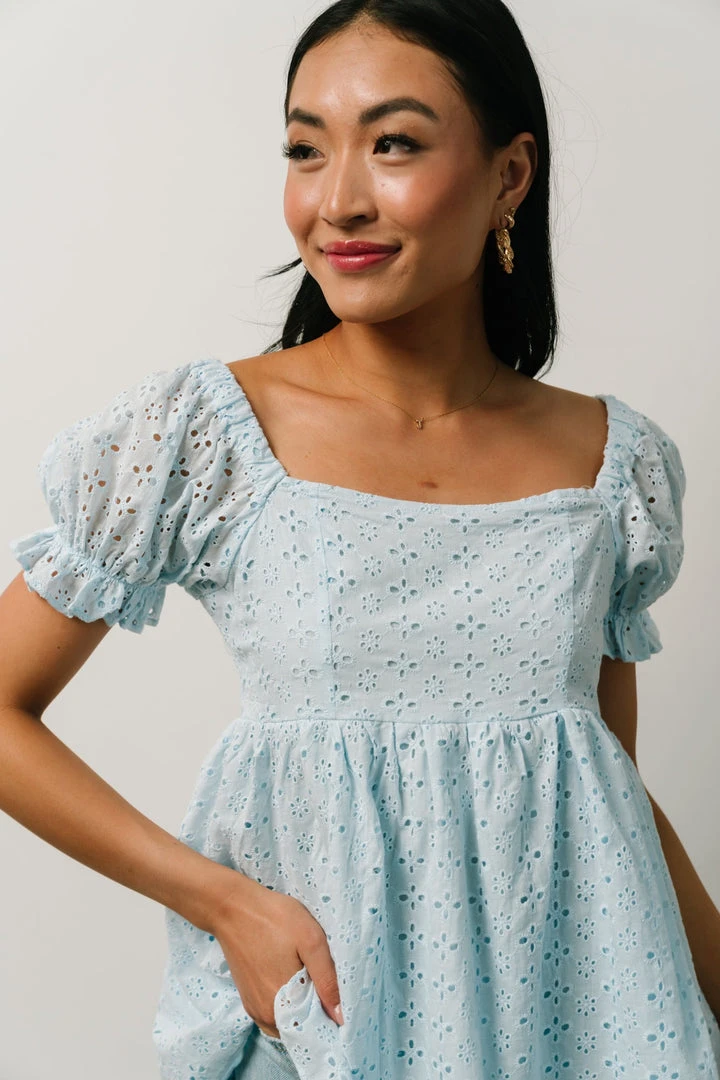 IL Tops Lauren Eyelet Babydoll Top | Powder Blue 2 IL Tops Lauren Eyelet Babydoll Top | Powder Blue