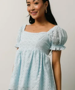 IL Tops Lauren Eyelet Babydoll Top | Powder Blue 16 IL Tops Lauren Eyelet Babydoll Top | Powder Blue