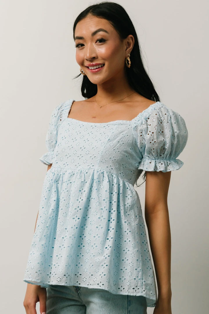 IL Tops Lauren Eyelet Babydoll Top | Powder Blue 8 IL Tops Lauren Eyelet Babydoll Top | Powder Blue