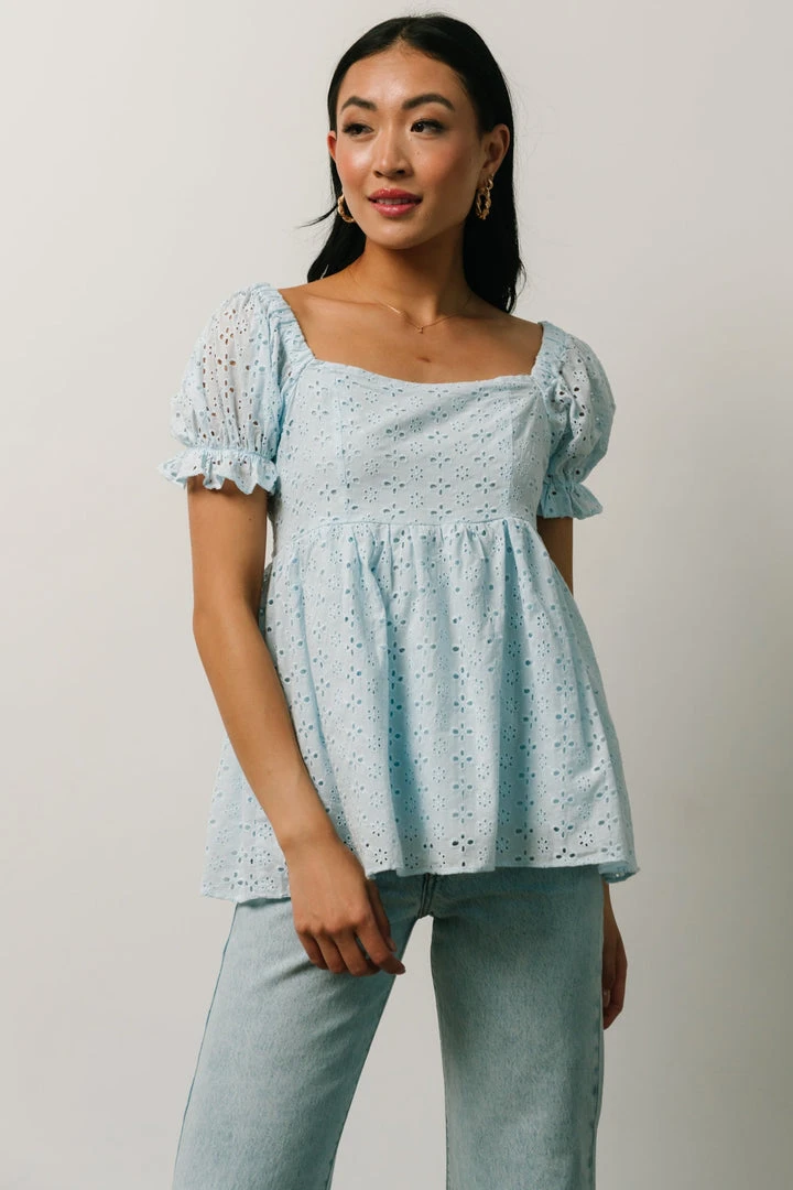 IL Tops Lauren Eyelet Babydoll Top | Powder Blue 1 IL Tops Lauren Eyelet Babydoll Top | Powder Blue