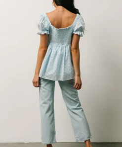 IL Tops Lauren Eyelet Babydoll Top | Powder Blue 11 IL Tops Lauren Eyelet Babydoll Top | Powder Blue
