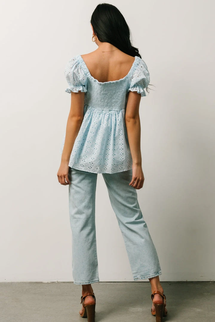 IL Tops Lauren Eyelet Babydoll Top | Powder Blue 3 IL Tops Lauren Eyelet Babydoll Top | Powder Blue