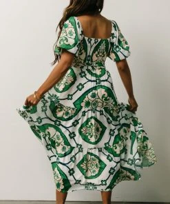 FT Dresses Lisandro Puff Sleeve Midi Dress | Ivory + Green Multi Print