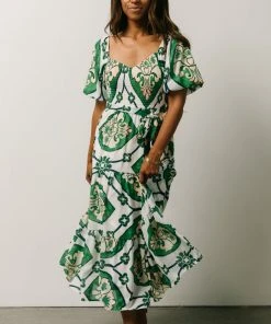 FT Dresses Lisandro Puff Sleeve Midi Dress | Ivory + Green Multi Print