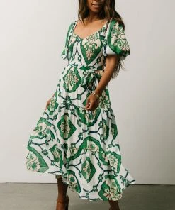 FT Dresses Lisandro Puff Sleeve Midi Dress | Ivory + Green Multi Print