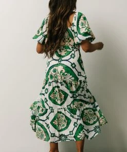 FT Dresses Lisandro Puff Sleeve Midi Dress | Ivory + Green Multi Print