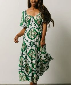 FT Dresses Lisandro Puff Sleeve Midi Dress | Ivory + Green Multi Print