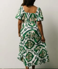 FT Dresses Lisandro Puff Sleeve Midi Dress | Ivory + Green Multi Print