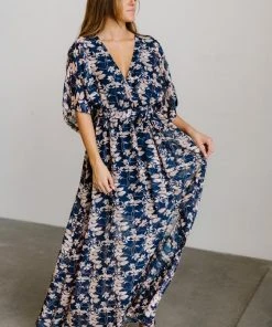BB Custom Luca Jacquard Kimono Maxi Dress | Blue + Pink Floral Dresses