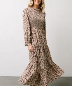 HAY Luella Smocked Maxi Dress | Beige + Mauve Floral