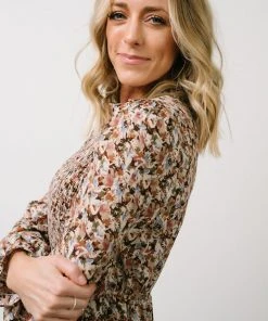 HAY Luella Smocked Maxi Dress | Beige + Mauve Floral