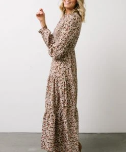 HAY Luella Smocked Maxi Dress | Beige + Mauve Floral