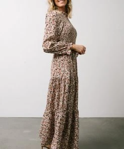 HAY Luella Smocked Maxi Dress | Beige + Mauve Floral