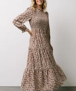 HAY Luella Smocked Maxi Dress | Beige + Mauve Floral