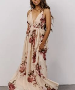 Lyla V Neck Maxi Dress | Natural + Berry Floral Dresses