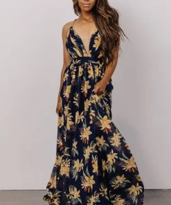 RR Lyla V Neck Maxi Dress | Navy + Gold Multi Floral