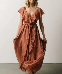 BB Custom Marion Jacquard Ruffle Maxi Dress | Rosy Brown Dresses