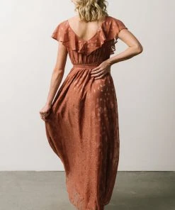 BB Custom Marion Jacquard Ruffle Maxi Dress | Rosy Brown Dresses