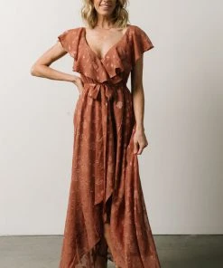 BB Custom Marion Jacquard Ruffle Maxi Dress | Rosy Brown Dresses