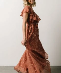 BB Custom Marion Jacquard Ruffle Maxi Dress | Rosy Brown Dresses