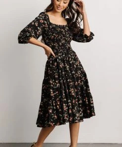BB Custom Marta Smocked Midi Dress | Black Floral Dresses