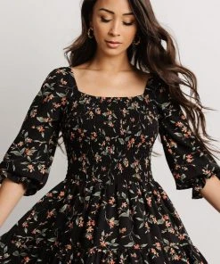 BB Custom Marta Smocked Midi Dress | Black Floral Dresses