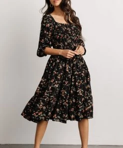 BB Custom Marta Smocked Midi Dress | Black Floral Dresses
