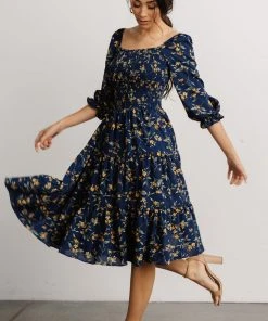 BB Custom Marta Smocked Midi Dress | Navy Floral Dresses