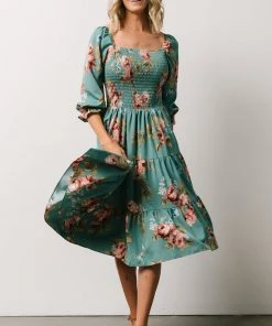 BB Custom Marta Smocked Midi Dress | Persian Green Floral Dresses