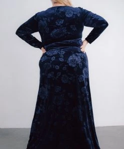 BB Custom Dresses Matthews Embossed Velvet Maxi Dress | Navy