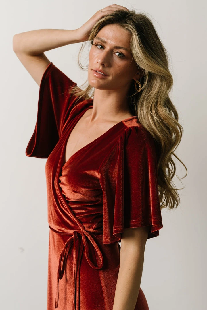 BB Custom Meghan Velvet Wrap Maxi Dress | Terracotta 13 BB Custom Meghan Velvet Wrap Maxi Dress | Terracotta