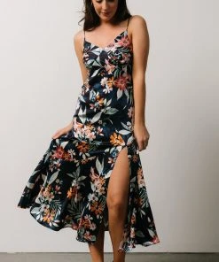 DF Dresses Midnight Tropics Satin Dress | Deep Blue Floral