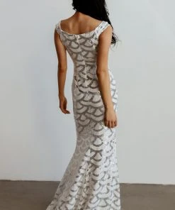 RR Dresses Milan Sequin Gown | White + Silver