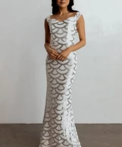 RR Dresses Milan Sequin Gown | White + Silver