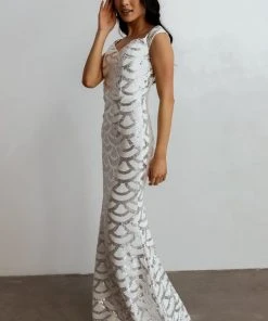 RR Dresses Milan Sequin Gown | White + Silver