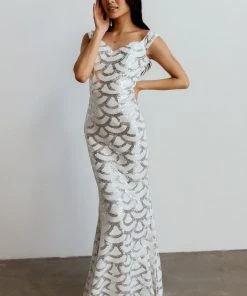 RR Dresses Milan Sequin Gown | White + Silver