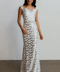 RR Dresses Milan Sequin Gown | White + Silver