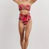 EN Milos High Waist Tie Bikini Bottom | Red Monstera Print Swim