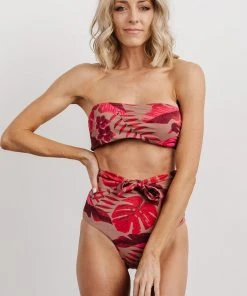EN Milos High Waist Tie Bikini Bottom | Red Monstera Print Swim