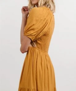 POL Newcastle Embroidered Midi Dress | Mustard
