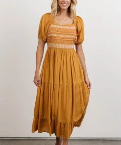 POL Newcastle Embroidered Midi Dress | Mustard