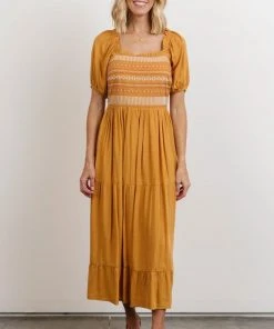 POL Newcastle Embroidered Midi Dress | Mustard