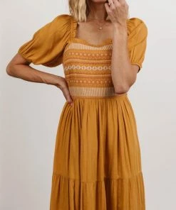 POL Newcastle Embroidered Midi Dress | Mustard