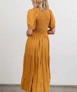 POL Newcastle Embroidered Midi Dress | Mustard
