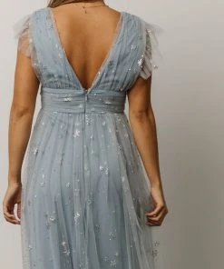 Soi Nova Shimmer Maxi Dress | Dusty Blue + Silver Dresses