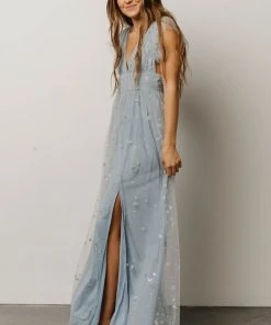Soi Nova Shimmer Maxi Dress | Dusty Blue + Silver Dresses