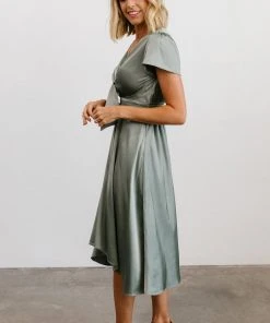 JH Dresses Poppy Satin Midi Dress | Eucalyptus