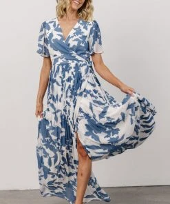 Soi Dresses Ranier Pleated Wrap Maxi Dress | French Blue Print