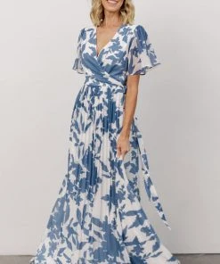 Soi Dresses Ranier Pleated Wrap Maxi Dress | French Blue Print